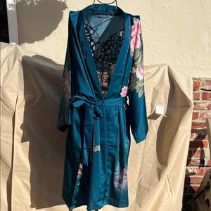 Elegant Teal Floral Satin Robe